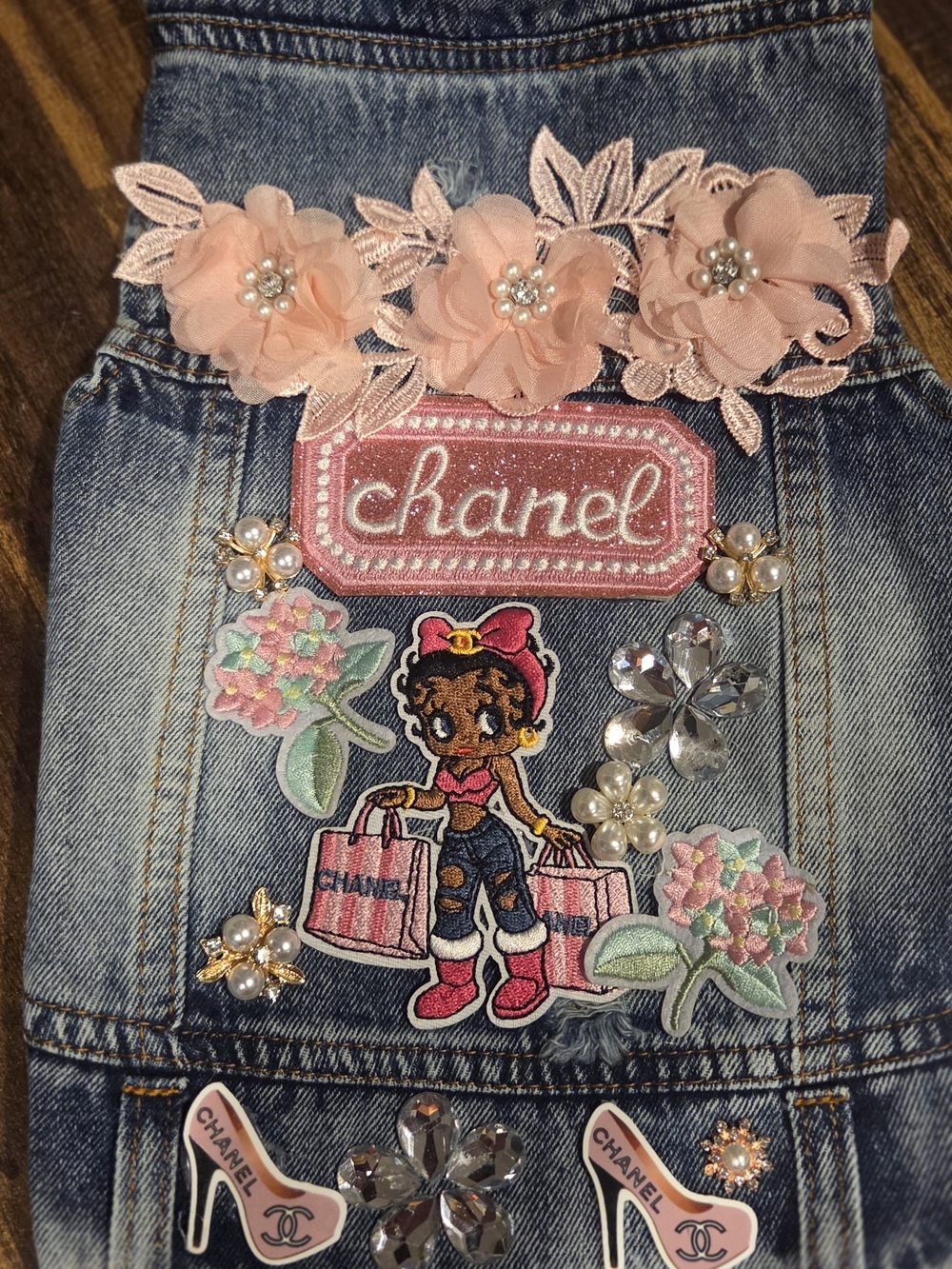 Boushee PUPPY  Embellished Denim Panel with Pink Floral Accents